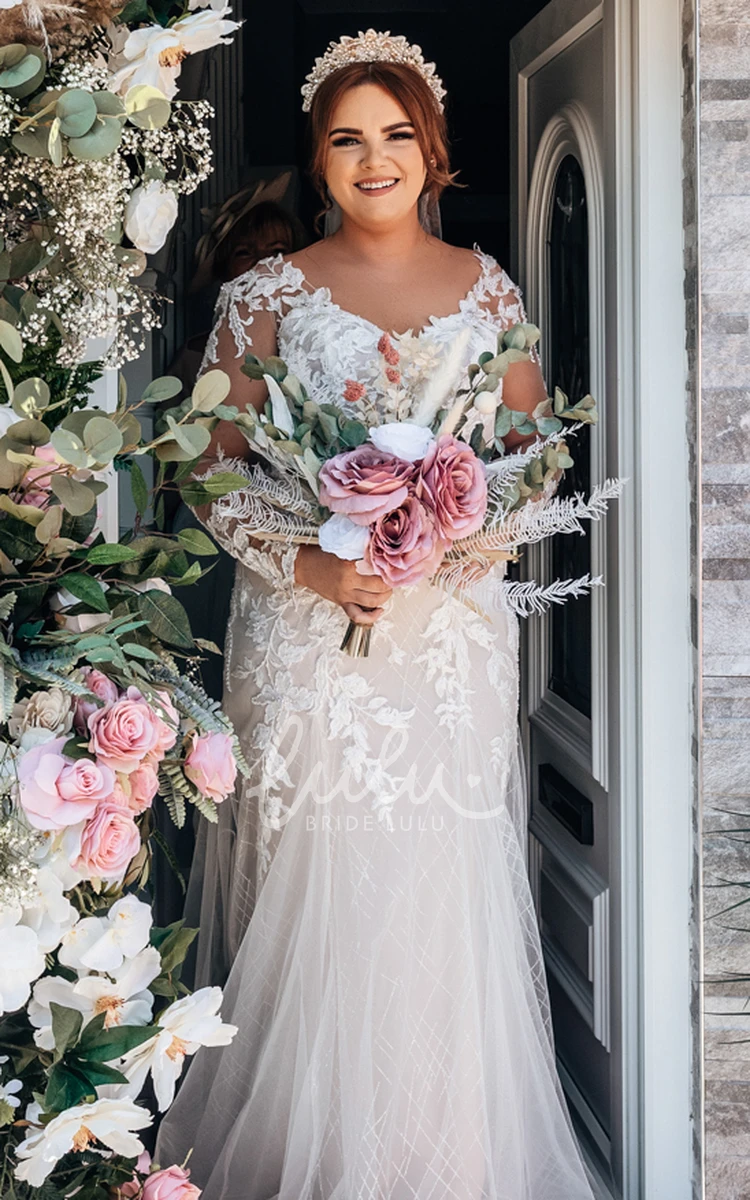 Fall V-neck Lace Long Sleeve Mermaid Elegant Wedding Dress Floor-length Women Garden