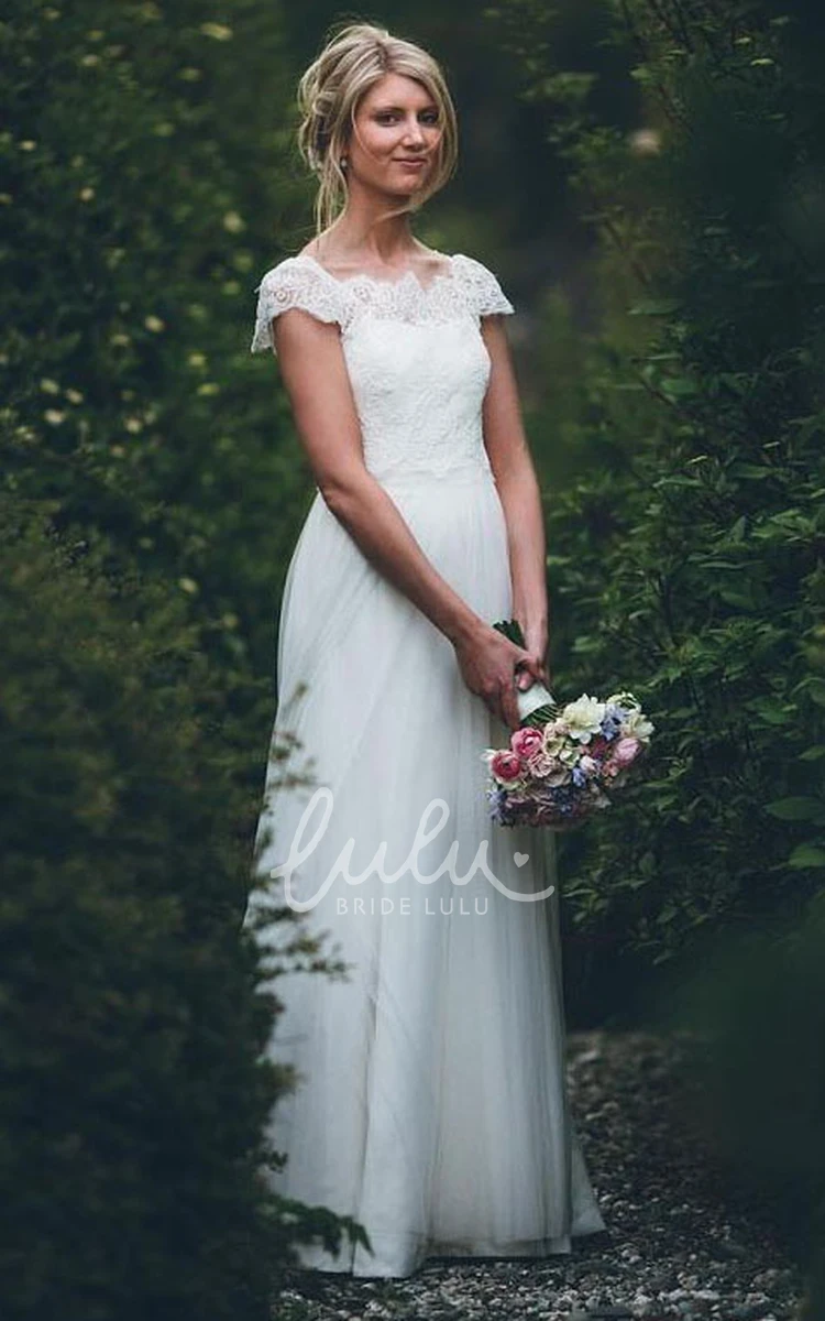 Satin Tulle A-Line Wedding Dress with Lace Short Sleeve Ethereal Button Illusion
