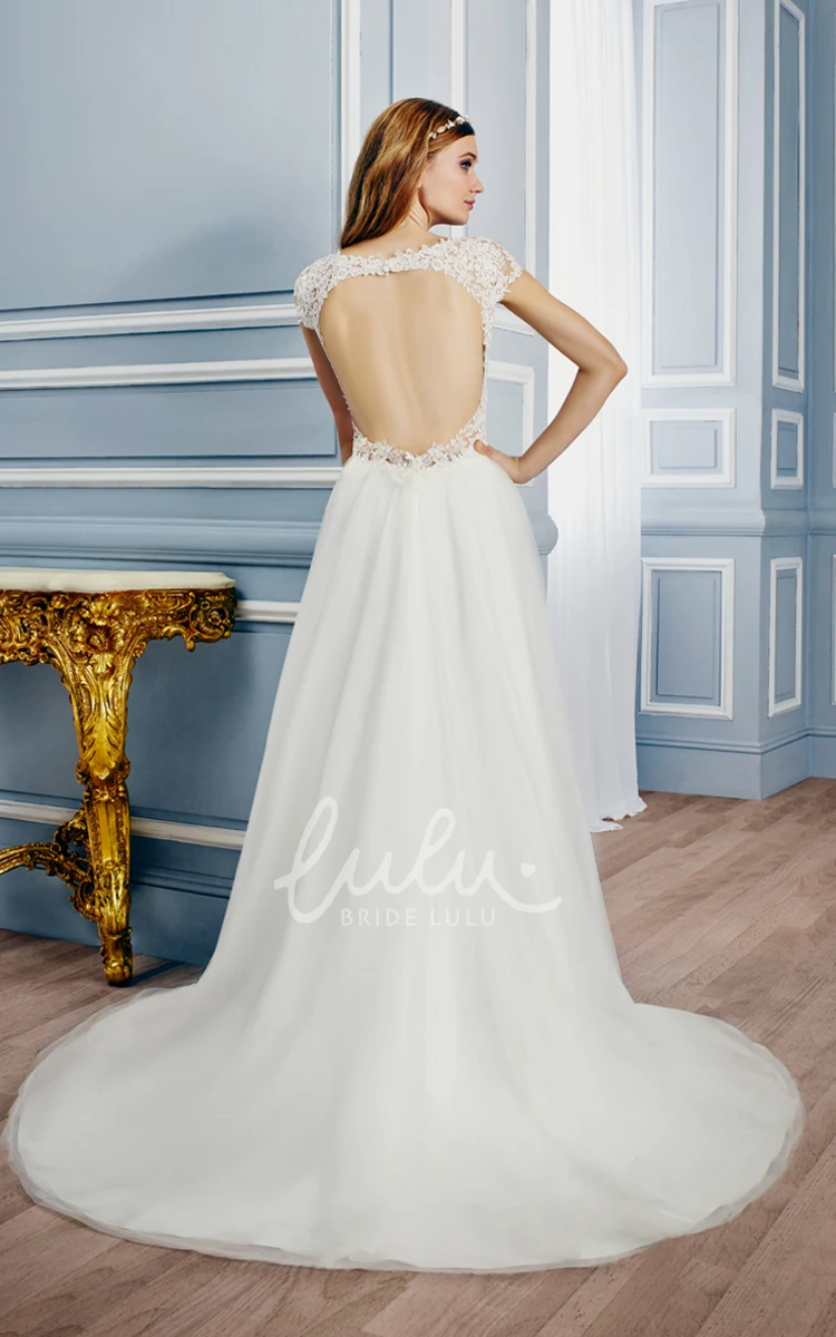 Cap-Sleeve Tulle Wedding Dress with Appliques Floor-Length Keyhole