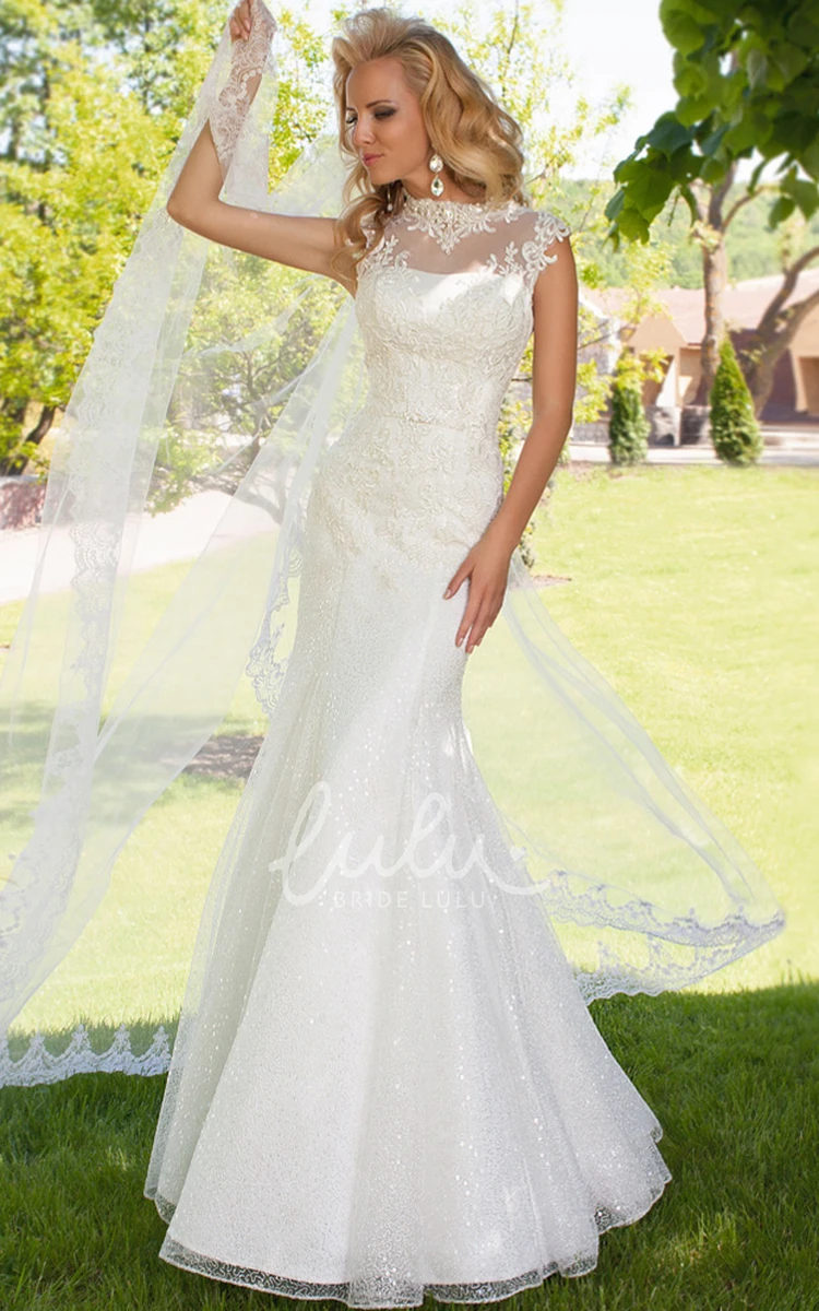 High Neck Sheath Lace Wedding Dress With Keyhole Back Beading and Cap-Sleeves