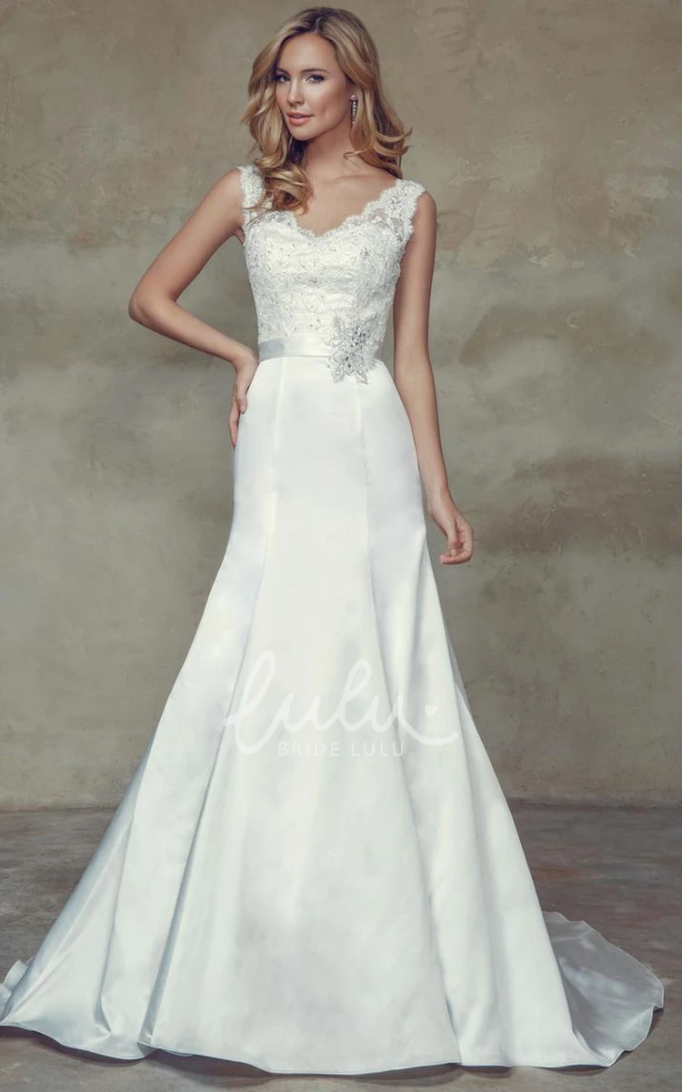 Satin Wedding Dress with Appliqued V-Neck and Beaded Deep-V Back Sleeveless Sheath