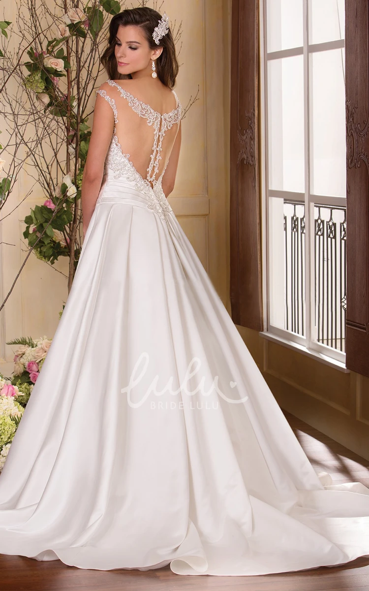 Bateau-Neck Cap-Sleeved Wedding Dress with Jeweled Illusion Neck