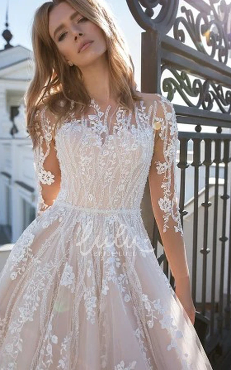 Tulle Long Sleeve A-Line Wedding Dress with Appliques Ethereal and Classy