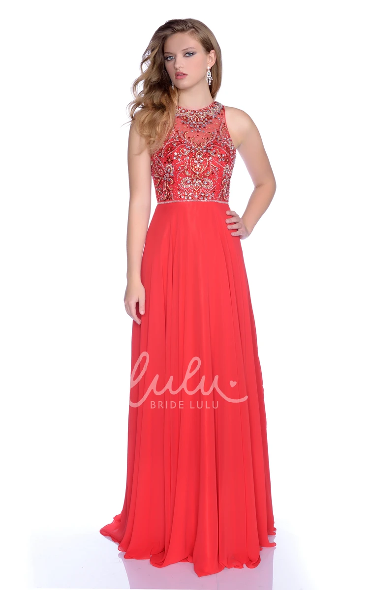 Jewel Neck Rhinestone Bodice Sleeveless A-Line Chiffon Prom Dress Flowy Prom Dress