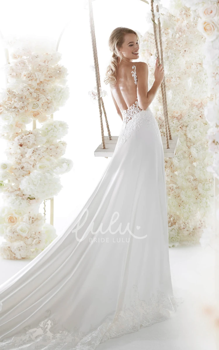 Sexy Lace Applique Backless Wedding Dress with Plunging V-neck and Chapel Train