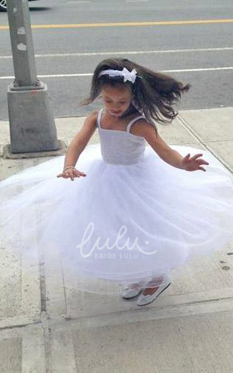 Criss-Cross Spaghetti Ankle-Length Tulle&Lace Flower Girl Dress with Straps Flowy Wedding Dress