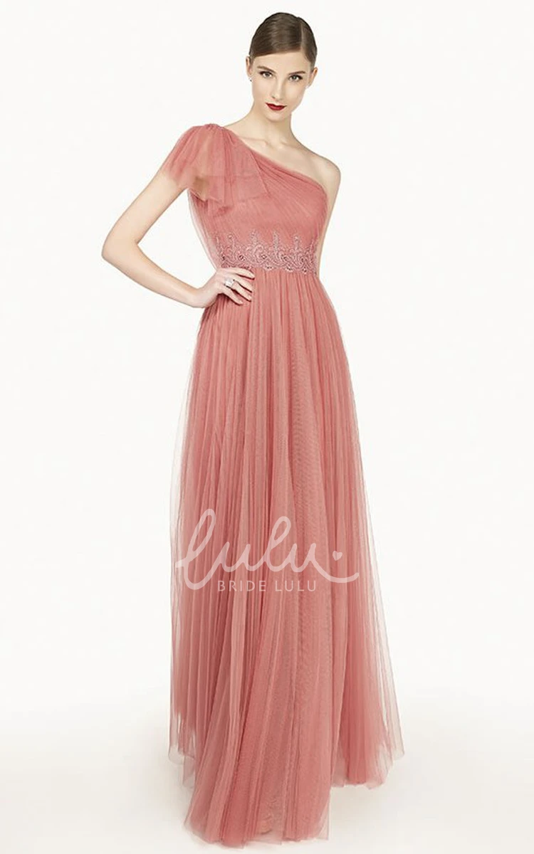 A-Line Tulle Long Prom Dress with Ruffled Strap and Illusion Back