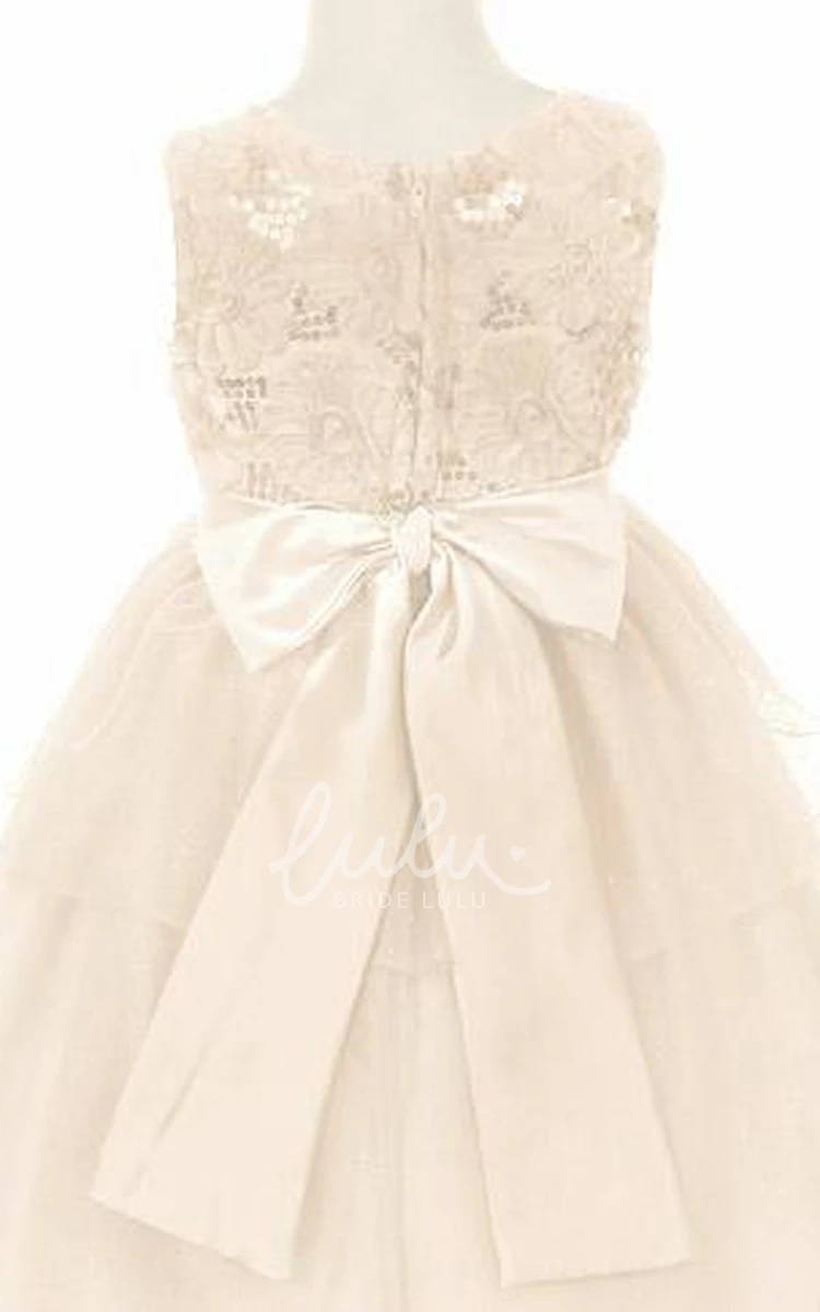 Sequin & Satin Tea-Length Flower Girl Dress with Split-Front Wedding Dress