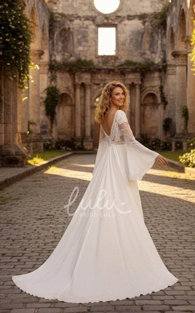 A-Line Boho Lace Beach Flowy Wedding Dress Vintage Long Bell Sleeves Sweep Train Gown