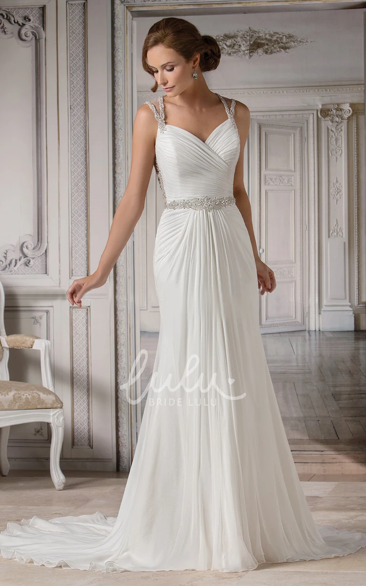 Chiffon Mermaid Wedding Dress with Beadings and Pleats Cap-Sleeved A-Line Gown