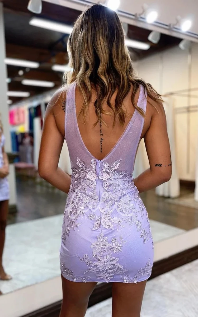 Flattering Floral Bohemian Lace Bodycon Homecoming Dress Graceful Mini Sleeveless Backless Graduation Prom Gown