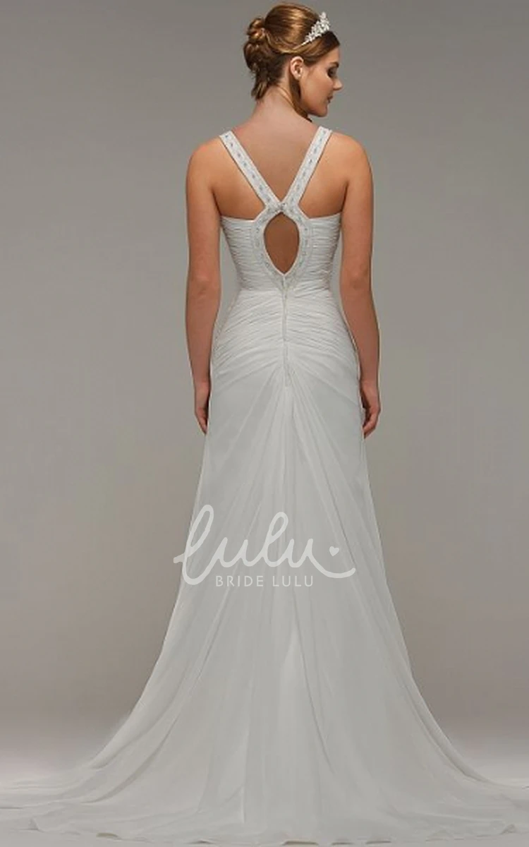 V-Neck Beaded Chiffon Wedding Dress with Ruching and Keyhole Flowy Wedding Dress