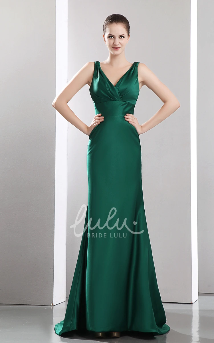 Satin Evening Dress with V-Neck and Sweep Train Sleeveless and Sexy