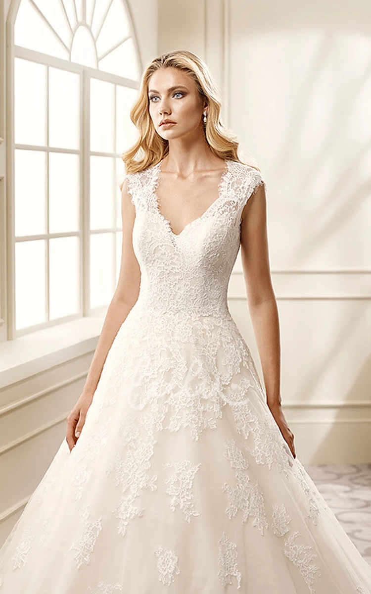 Cap-Sleeve Lace&Satin Ball Gown Wedding Dress V-Neck Appliqued