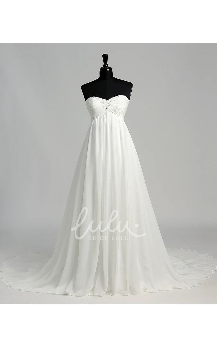 Chiffon A-line Wedding Dress with Sweetheart Neckline Sleeveless Design Beaded Bodice and Ruched Skirt