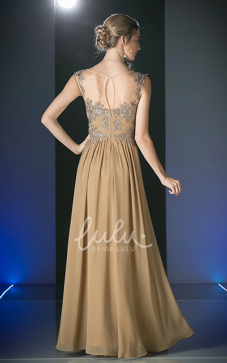 Scoop-Neck Sleeveless Sheath Dress with Appliques and Illusion in Chiffon Fabric