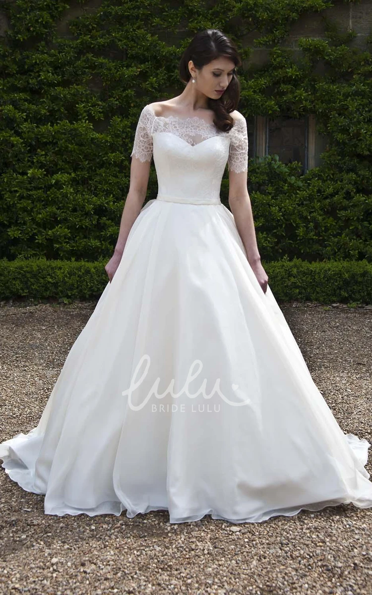 Short Sleeve Tulle and Satin Ball Gown Wedding Dress with Bateau Neckline