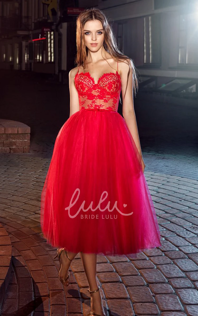 Tea-Length Tulle Lace A-Line Dress With Spaghetti Straps