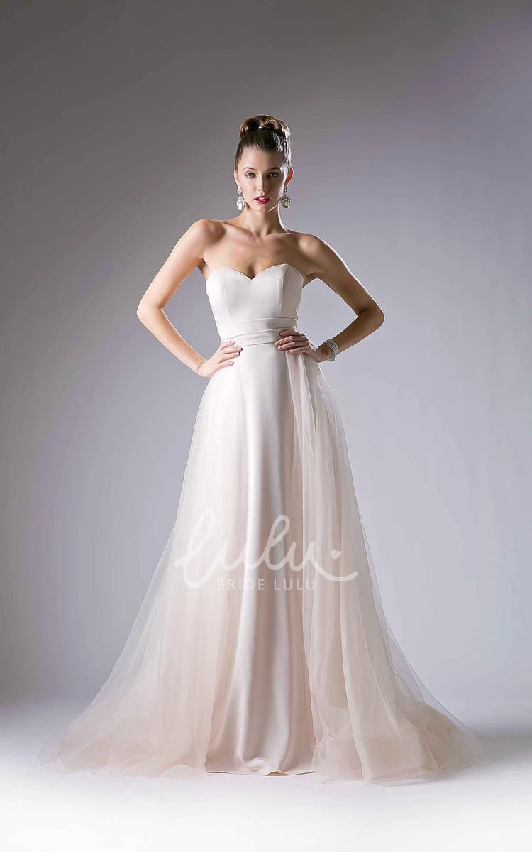 Sweetheart Sleeveless A-Line Tulle Satin Bridesmaid Dress with Sweep Train