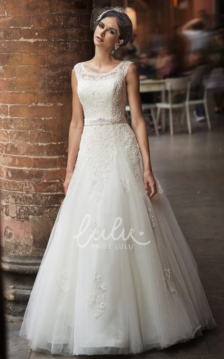 Sleeveless A-Line Tulle&Lace Wedding Dress with Bow Maxi Square-Neck