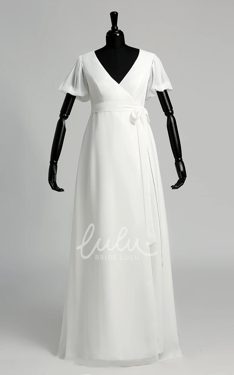 Chiffon A-Line Wedding Dress with Court Train and Ribbon Sash