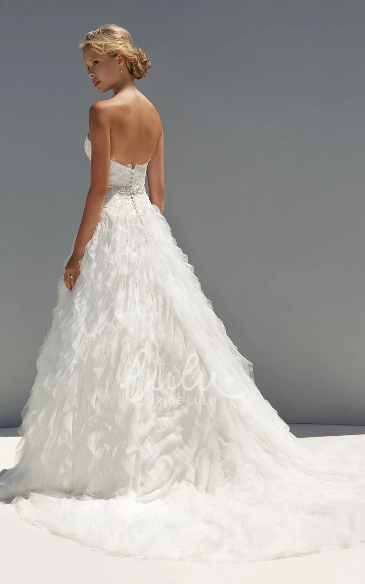 Sweetheart Tulle Wedding Dress with Cascading Ruffles and Waist Jewelry A-Line Floor-Length