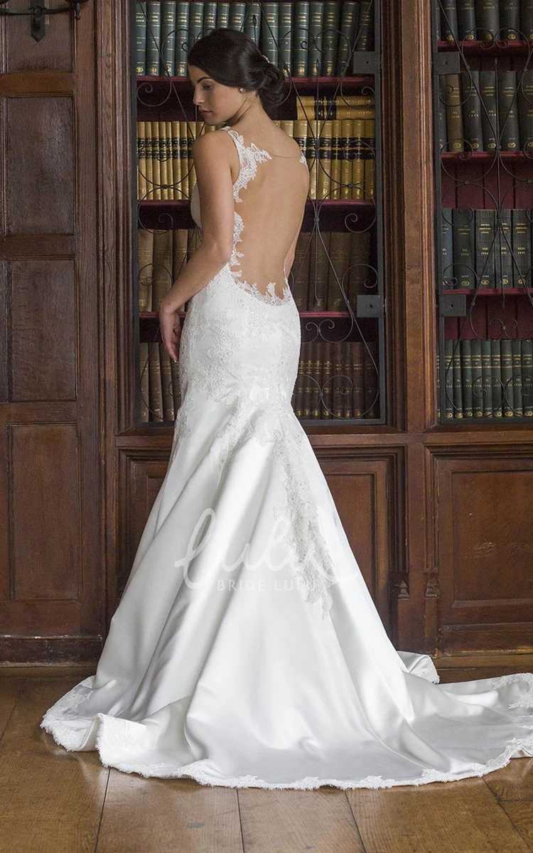 Sleeveless Appliqued Lace & Satin Wedding Dress Unique Trumpet Dress