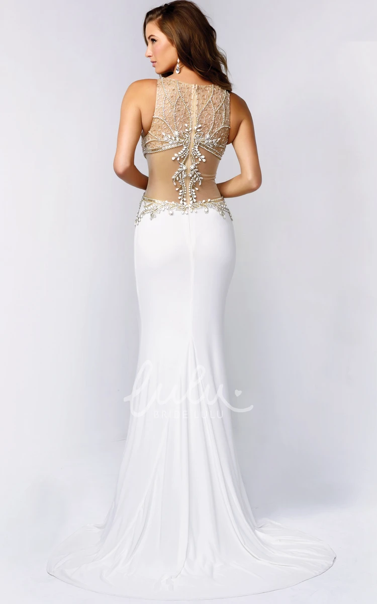 Sleeveless Sheath Jersey Dress with Beading and Illusion Neckline