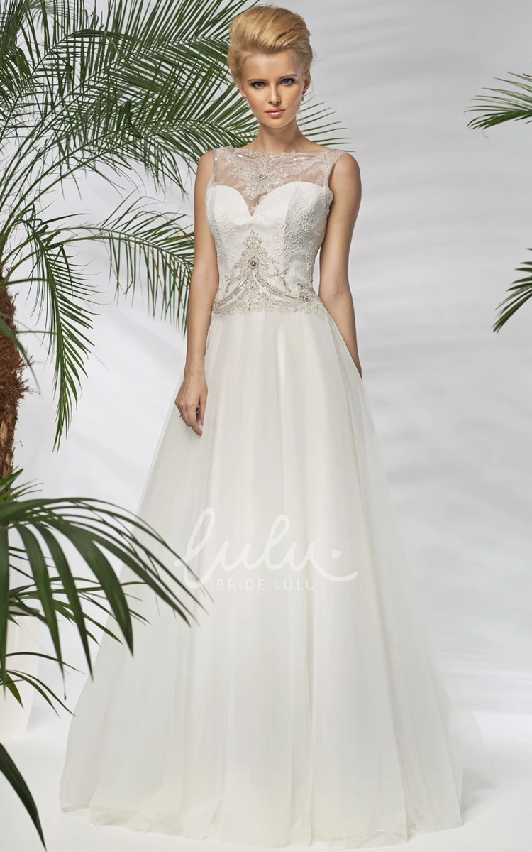 Beaded A-Line Tulle&Satin Wedding Dress Sleeveless Bateau-Neck Long