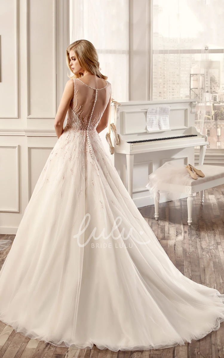 Illusive Neckline Cap-Sleeve A-Line Wedding Dress Modern Back