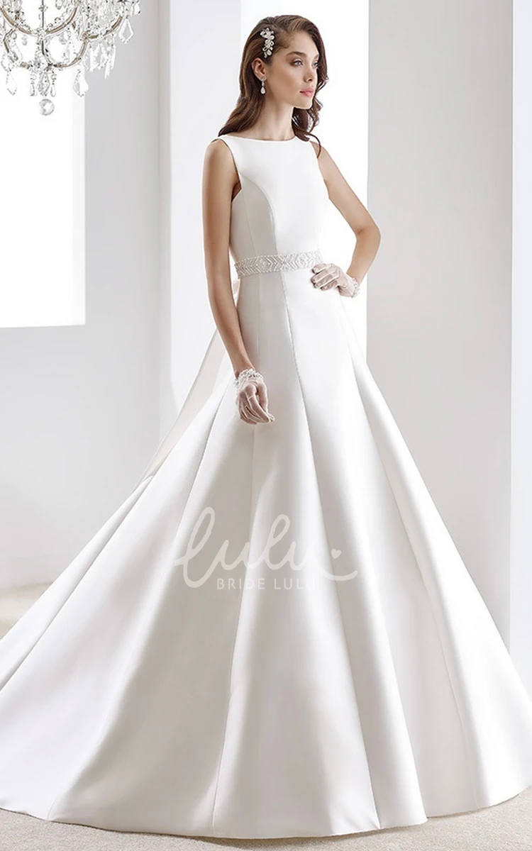 Satin Wedding Dress with Beaded Belt and One-Strap Back Jewel-neck Elegant 2024