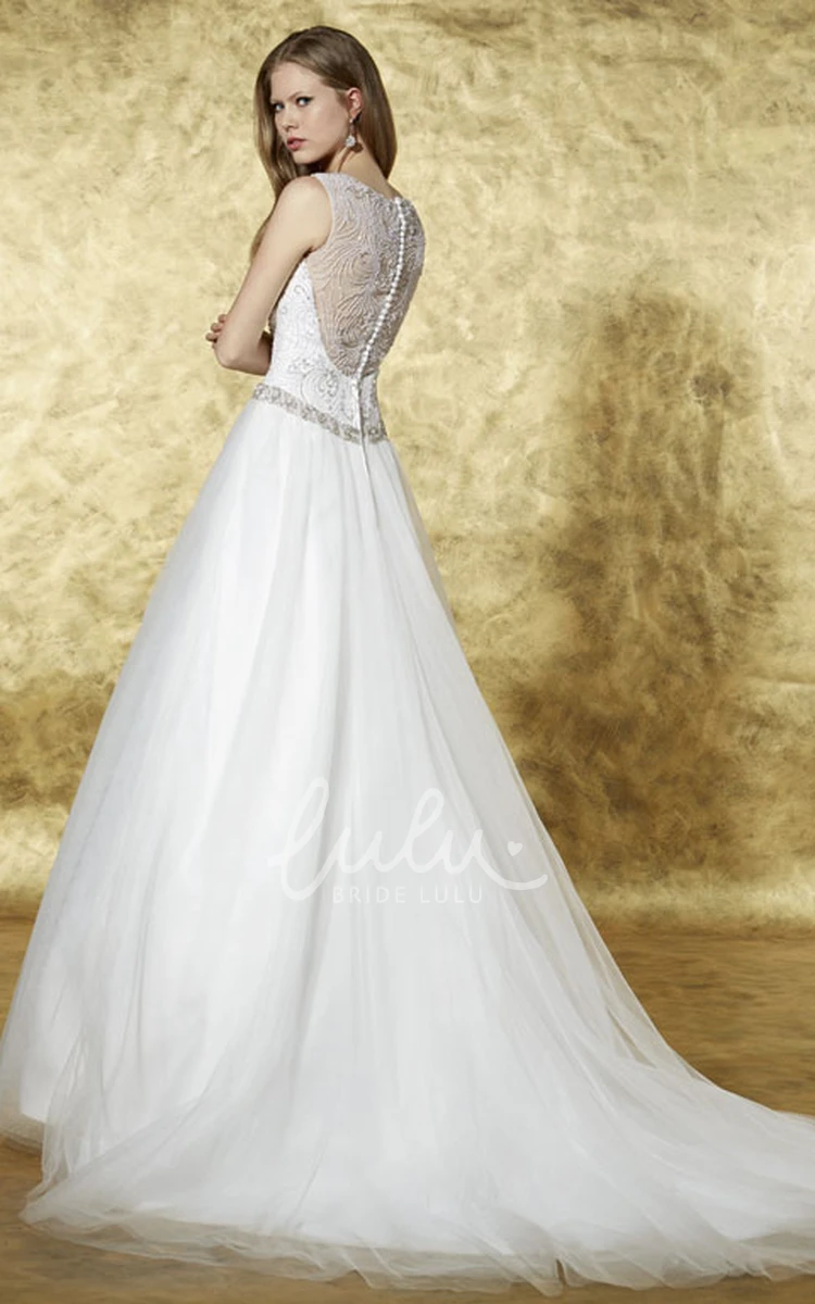 Jeweled Tulle Wedding Dress with Court Train and Illusion Long Scoop Wedding Dress