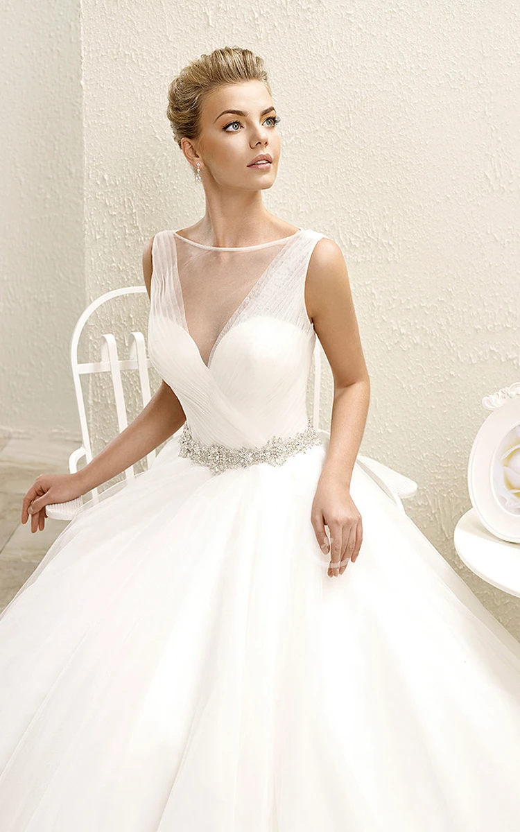 Ruched Bateau-Neck Tulle Wedding Dress with Jewelled Waist Ball Gown Style