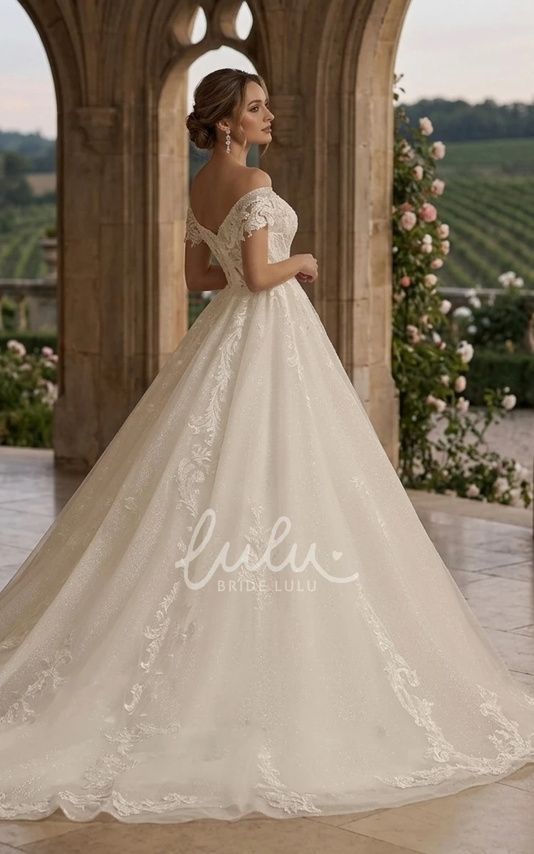 Western Floral Beach Lace A-Line Off-the-Shoulder Ball Gown Spring Wedding Dress with Court Train