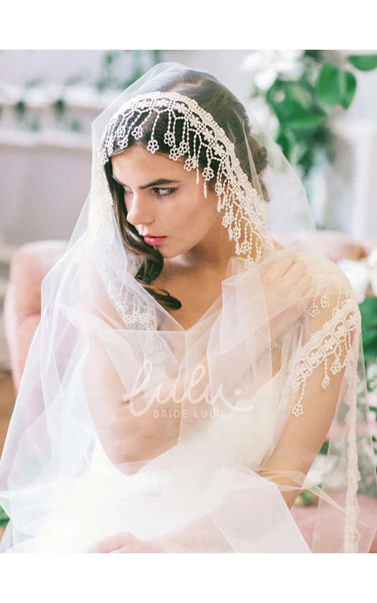 Soft Tulle Bridal Veil with Lace Applique Bohemian Style