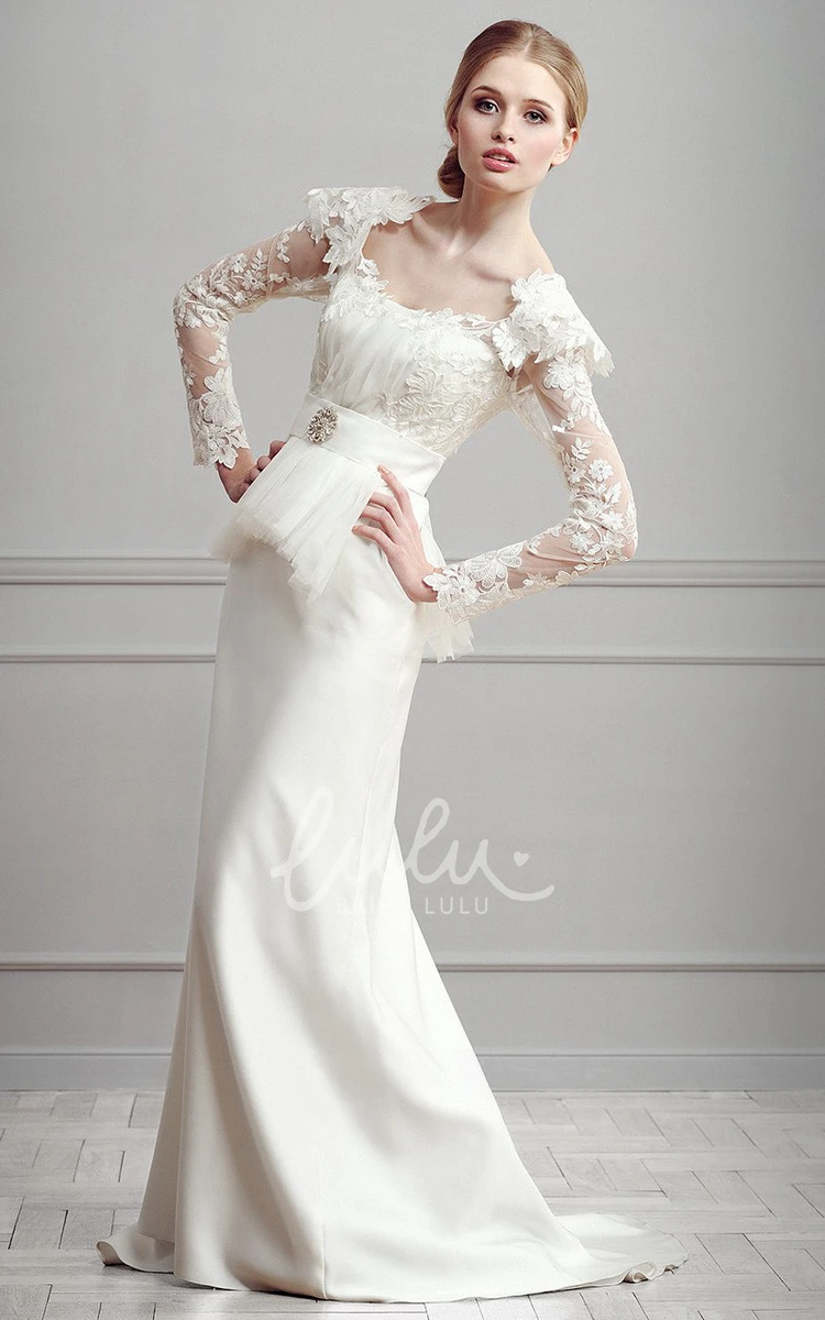 Cap-Sleeve Satin Sheath Wedding Dress with Applique Peplum and Broach