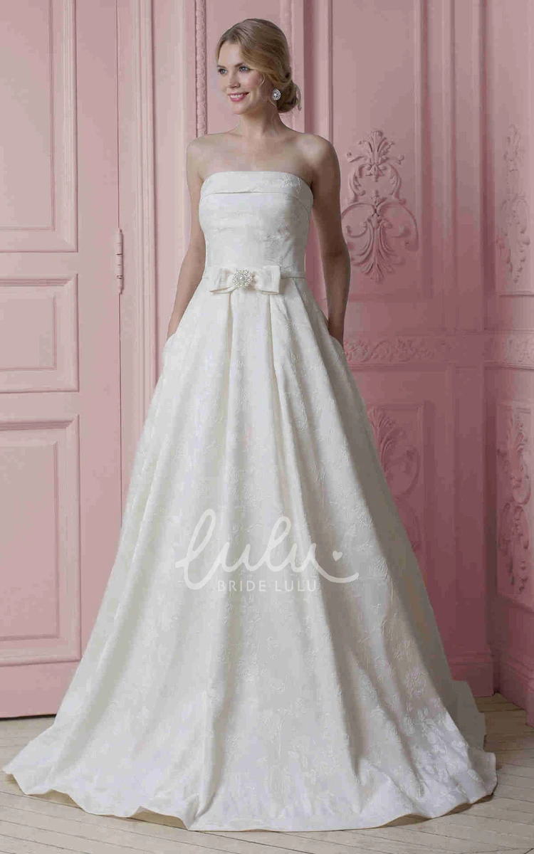 Strapless Maxi Satin Wedding Dress with Embroidery and Bow Classic Wedding Dress for Women