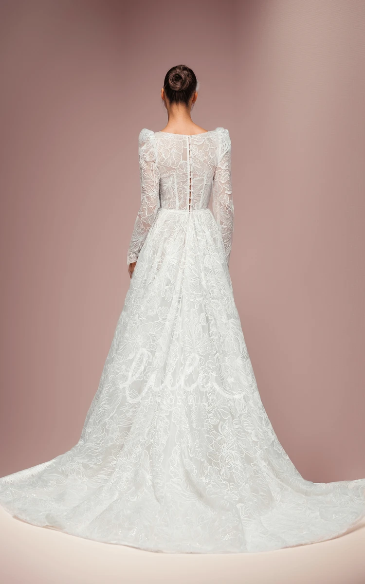 A-Line Plunging V-Neck Long Sleeve Lace Wedding Dress Vintage Floor-length Illusion Back Bridal Gown