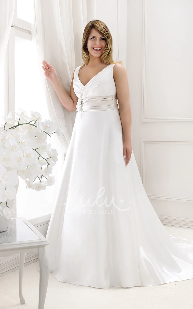 Satin Floral Waist Sleeveless Wedding Dress with Plunging Neckline