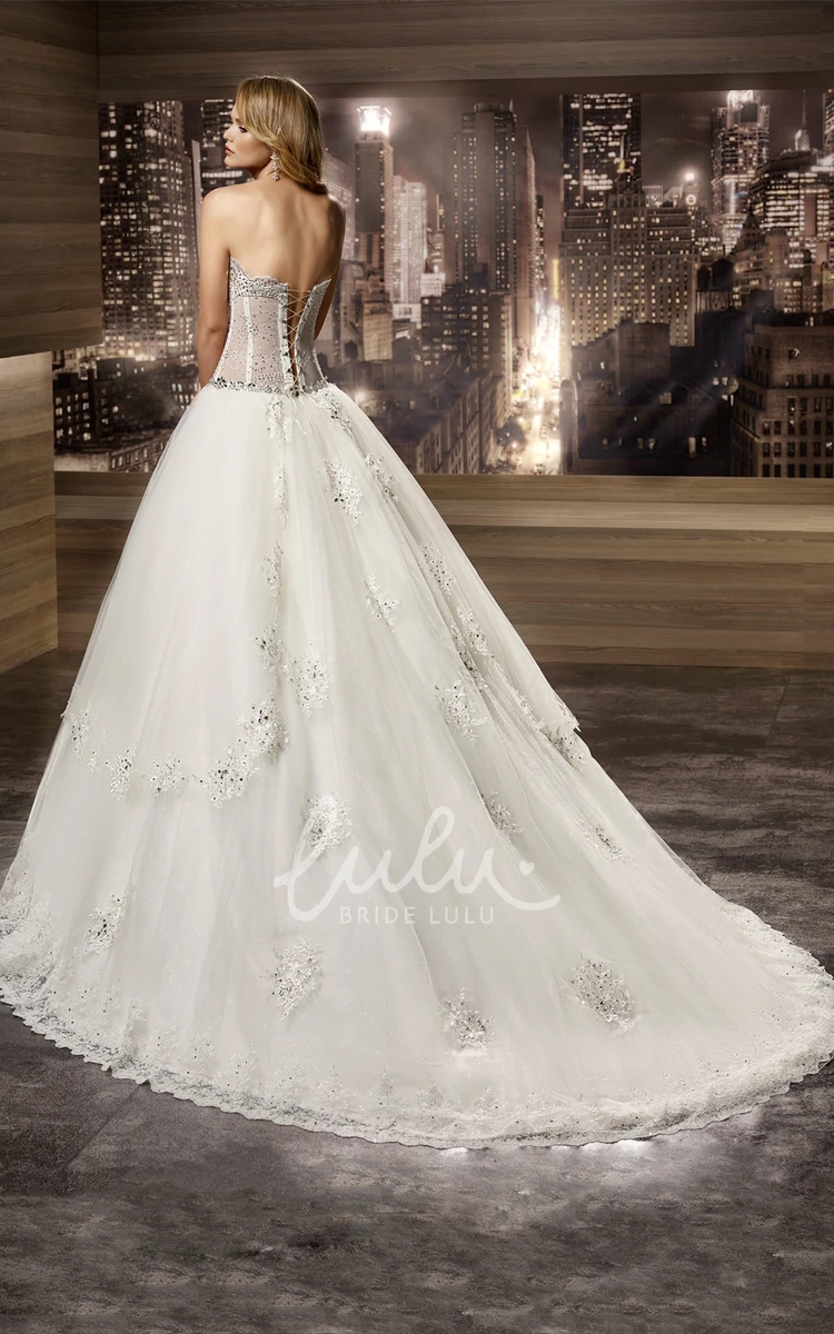 Beaded Illusion Corset A-Line Wedding Dress with V-Waist and Tiered Skirt