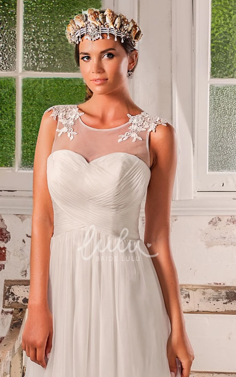 Pleated Tulle Wedding Dress with Appliques Criss-Cross Floor-Length Bridal Gown
