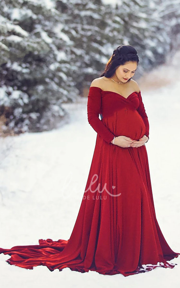 Court Train A-Line Maternity Dress with Long Sleeves and Empire Waist