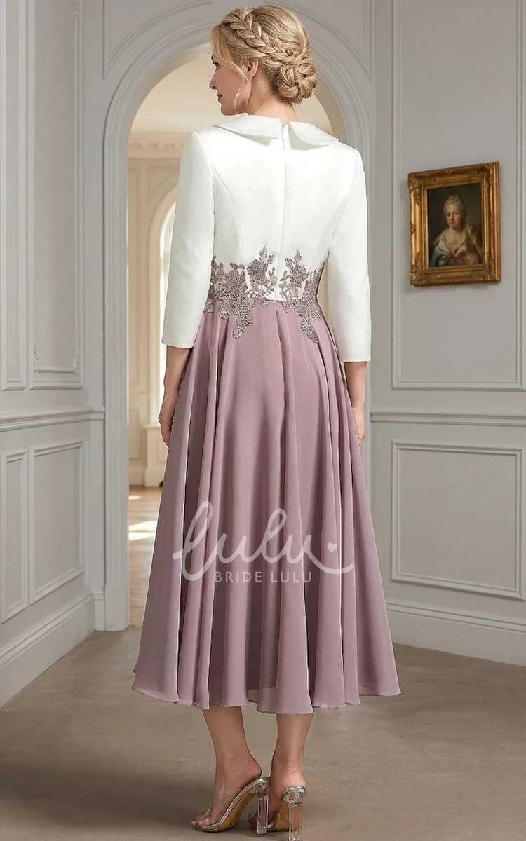 A-Line V-neck Satin Lace Appliques Vintage Modest Chiffon Elegant Reception Tea-length Long Sleeve Prom Mob Guest Evening Dress