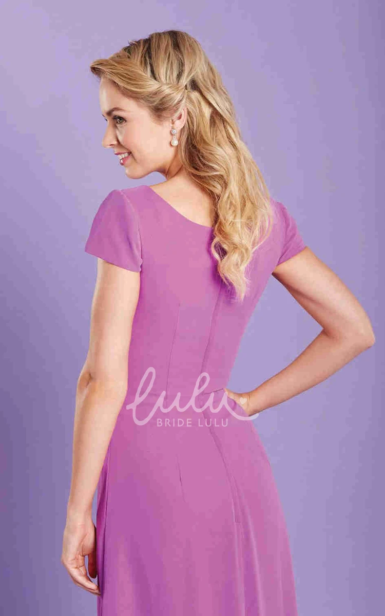 Floral Chiffon Bridesmaid Dress with Short Sleeves and Bateau Neckline