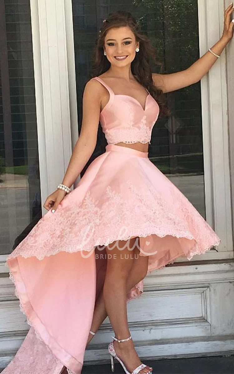 Satin Lace Spaghetti Strap Sleeveless Homecoming Dress Casual Two Piece