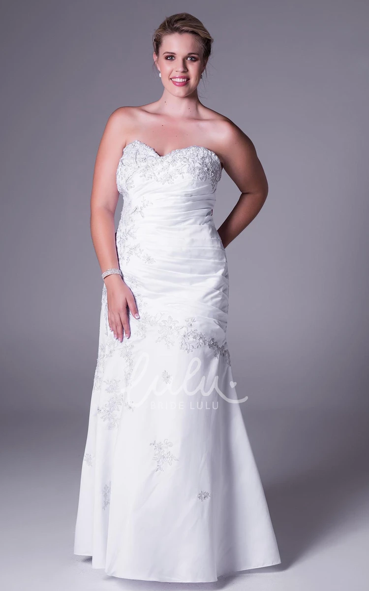 Sweetheart Satin Plus Size Wedding Dress with Appliques and Corset Back Floor-Length Ruched