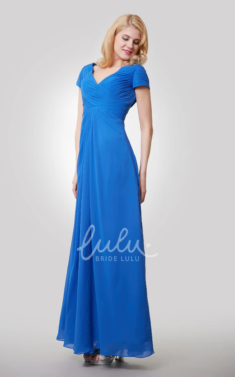 Short Sleeve V-Neck Chiffon Bridesmaid Dress with Ruching Flowy and Elegant