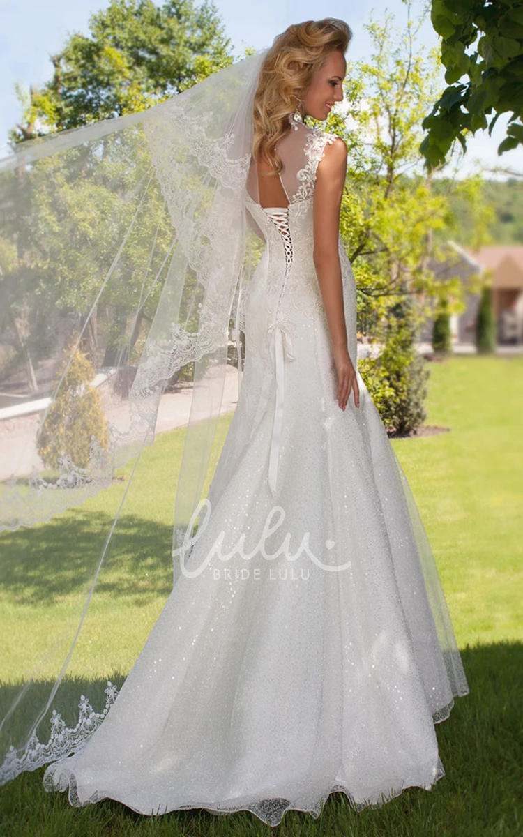 High Neck Sheath Lace Wedding Dress With Keyhole Back Beading and Cap-Sleeves