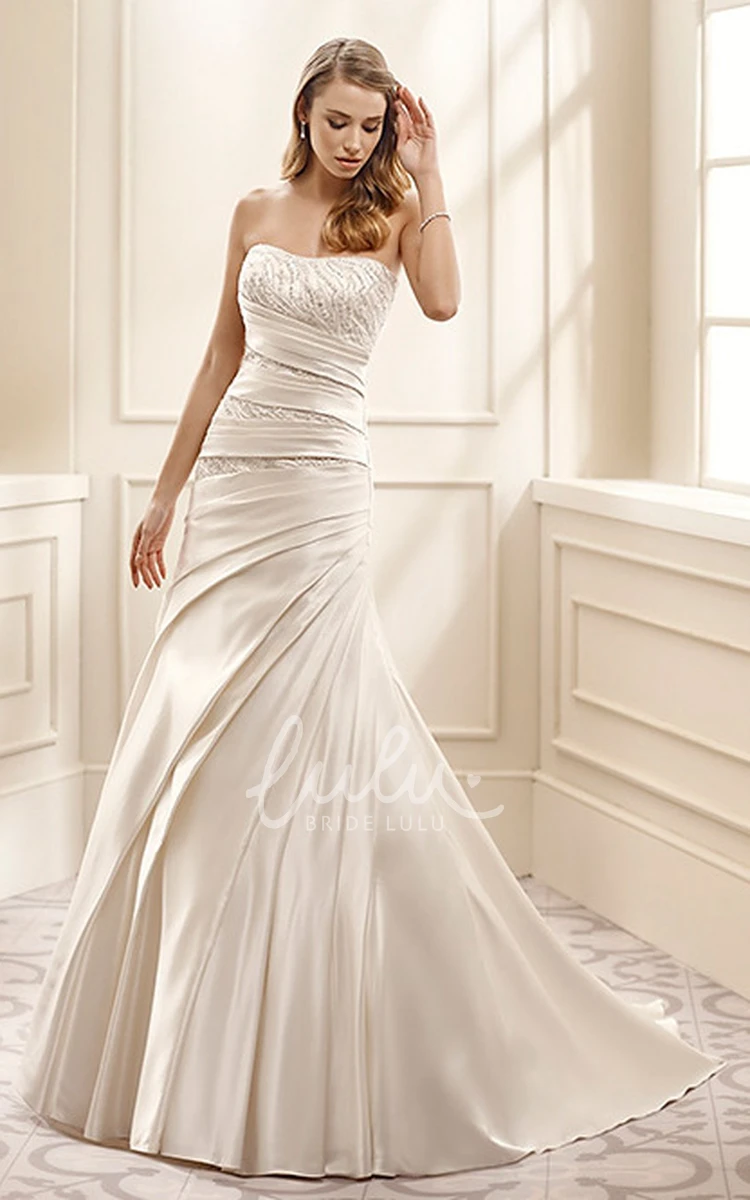 Satin Strapless Wedding Dress with Beading Sheath Floor-Length Side-Draped