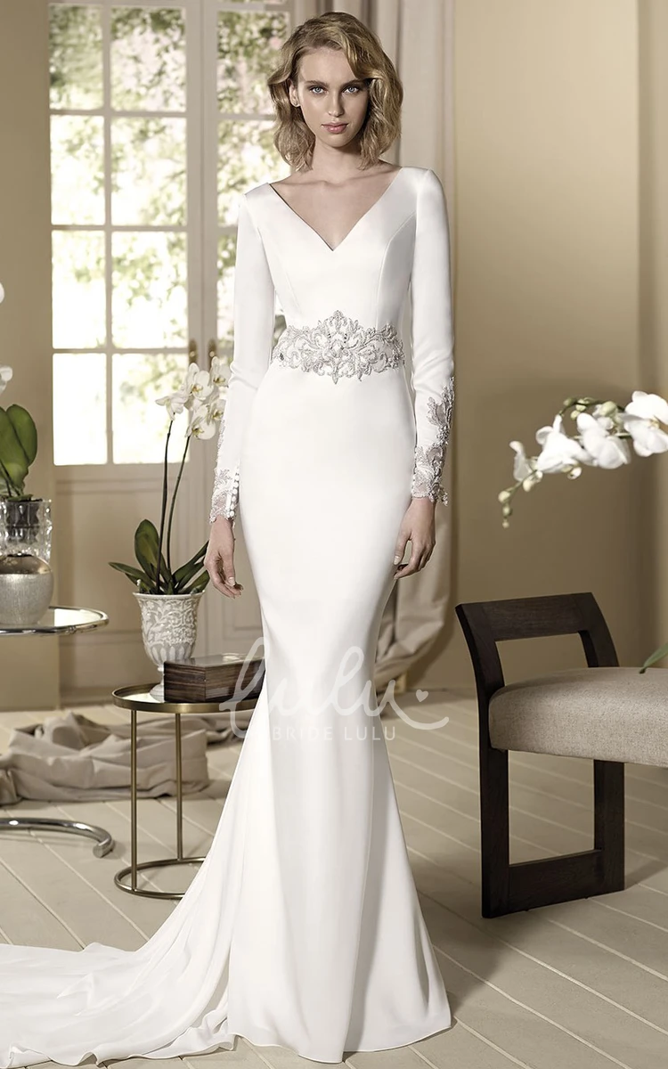 Beaded V-Neck Long-Sleeve Floor-Length Wedding Dress Sheath Style